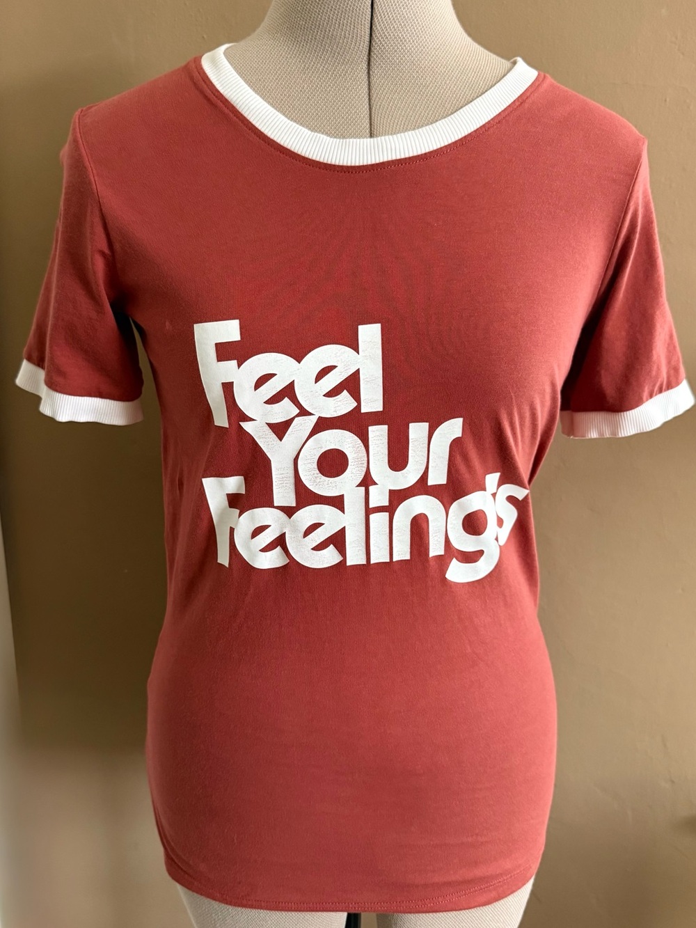 Feel Your Feelings ringer tee sienna color reddish brown 70s inspired feminine